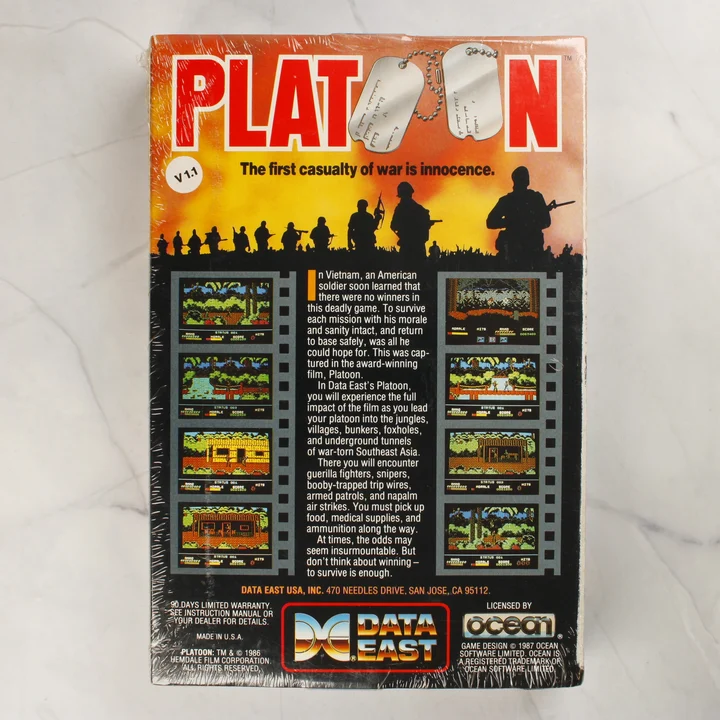 A Platoon videójáték dobozának hátoldala képernyőfotókkal és leírással.