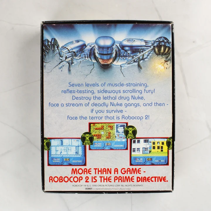 RoboCop 2 videójáték dobozának hátoldala leírással és képernyőfotókkal