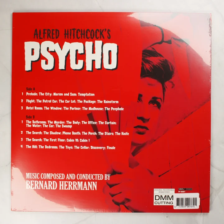 Psycho filmzene bakelit hátlap Alfred Hitchcock Psycho filmzene bakelit lemez hátsó borítója számlistával