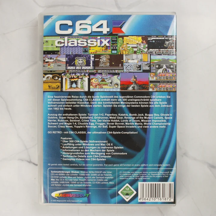 C64 Classix hátlap C64 Classix videójáték-válogatás hátoldala német nyelvű leírással