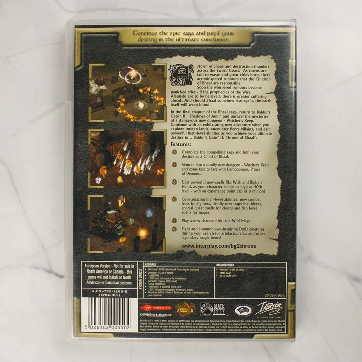Baldur's Gate II Throne of Bhaal PC játék hátlapja