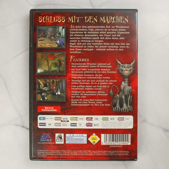 American McGee's Alice hátlap American McGee's Alice PC játék hátlapja német felirattal