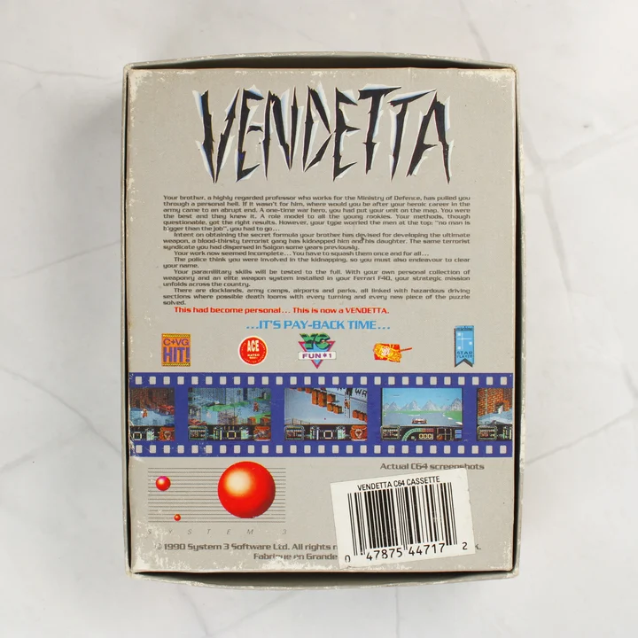 Vendetta C64 doboz hátlap A Vendetta videójáték dobozának hátoldala leírással és képernyőképekkel