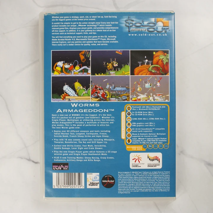 Worms Armageddon PC játék hátlapi borítója rendszerkövetelményekkel