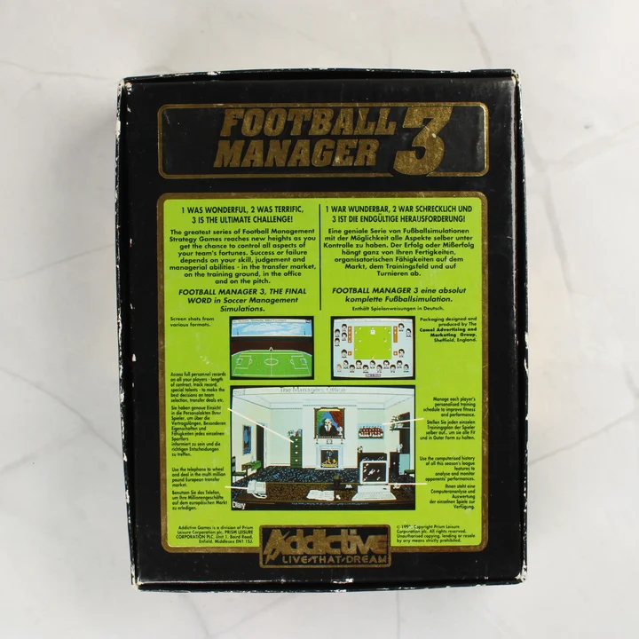 Football Manager 3 C64 doboz hátlap Football Manager 3 videójáték dobozának hátoldala leírásokkal