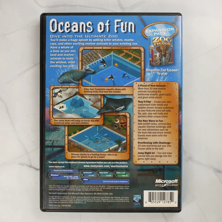 Zoo Tycoon Marine Mania PC játék hátlapja rendszerkövetelményekkel
