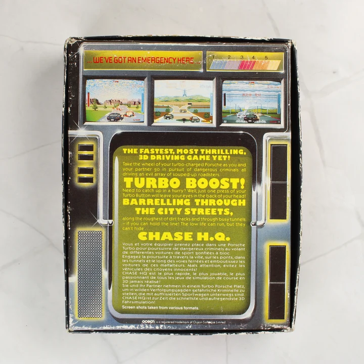 Chase H.Q. videójáték dobozának hátoldala képernyőmentésekkel