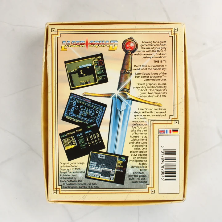 Laser Squad C64 doboz hátlap A Laser Squad videójáték dobozának hátoldala leírással és képernyőképekkel