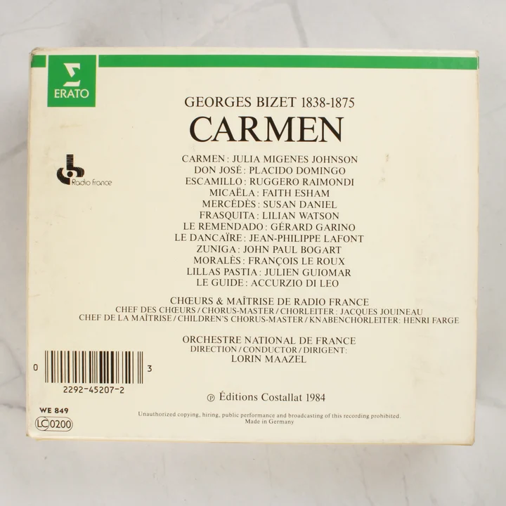 Bizet Carmen CD hátlap A Carmen CD-kiadvány hátoldala a szereposztással és vonalkóddal