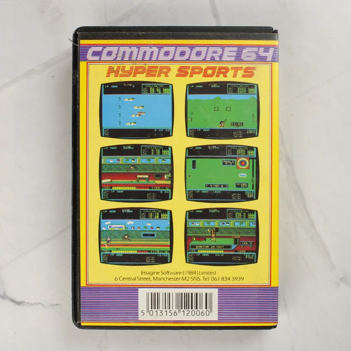 Hyper Sports C64 hátlap Hyper Sports Commodore 64 videójáték hátlapi borítója képernyőmentésekkel
