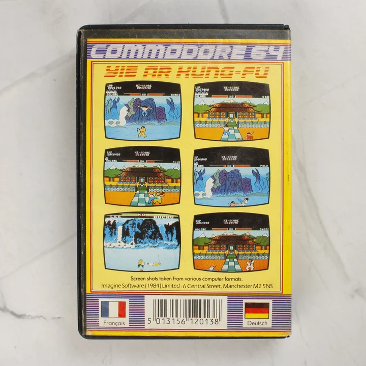 Yie Ar Kung-Fu C64 hátoldal Yie Ar Kung-Fu Commodore 64 játék hátoldali borítója képernyőképekkel