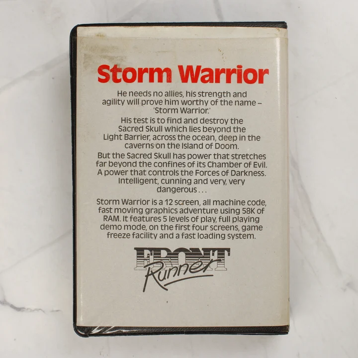Storm Warrior C64 hátlap Storm Warrior Commodore 64 videójáték tokjának hátoldala leírással