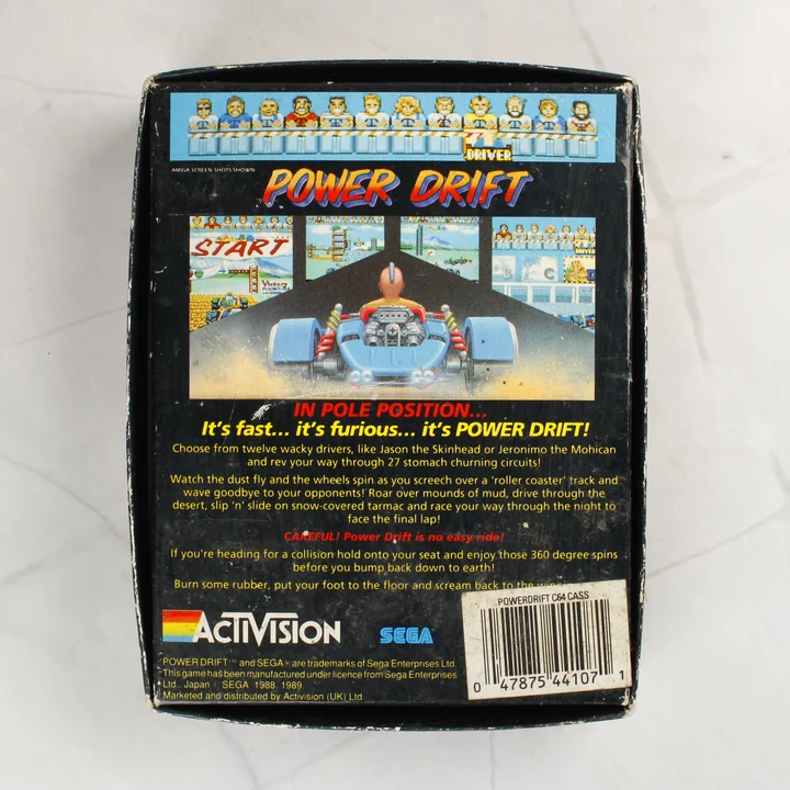 Power Drift C64 doboz hátoldal Power Drift Commodore 64 játék dobozának hátoldala