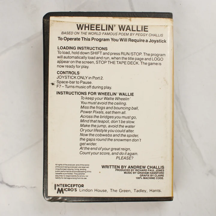 Wheelin' Wallie C64 hátlap Wheelin' Wallie Commodore 64 videójáték hátlapi leírása
