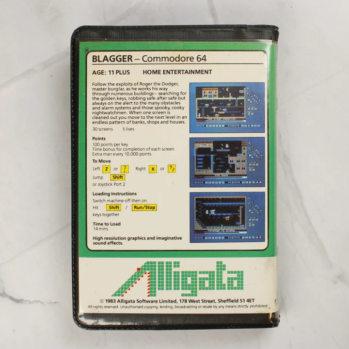Blagger C64 hátlap Blagger Commodore 64 videójáték tokjának hátoldala leírással
