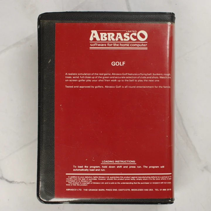 Abrasco Golf C64 tok hátlap Abrasco Golf Commodore 64 videójáték tokjának hátoldala a leírással