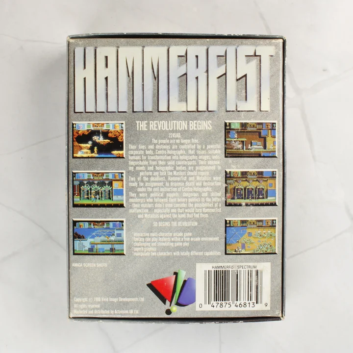 Hammerfist ZX Spectrum doboz hátlap A Hammerfist videójáték dobozának hátoldala leírással és képernyőképekkel