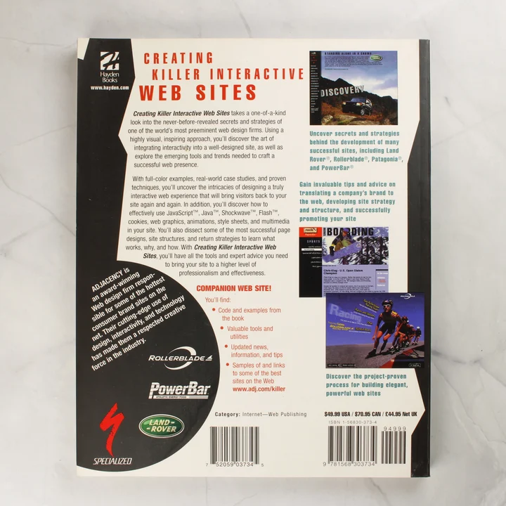 A Creating Killer Interactive Web Sites könyv hátoldala leírással és logókkal.