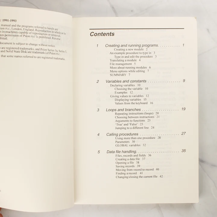 Psion Series 3a Programming Manual tartalomjegyzék