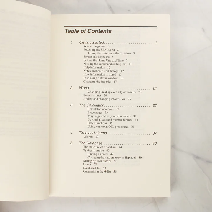 Psion Series 3a User Guide tartalomjegyzék