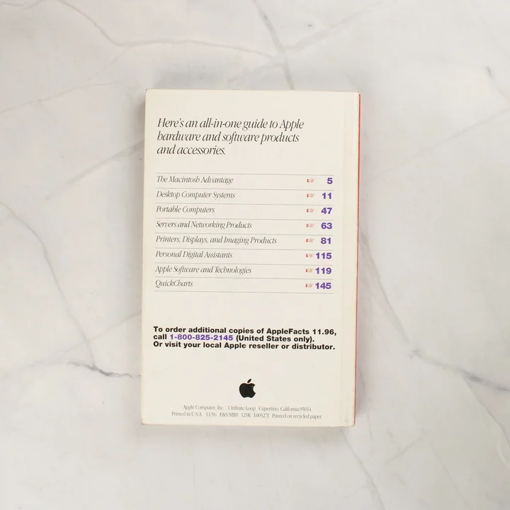 Az Apple Facts 11.96 termékkalauz hátlapja a tartalomjegyzékkel