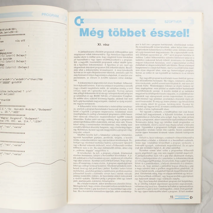A C-újság egyik belső oldala szoftveres leírással és programkóddal.