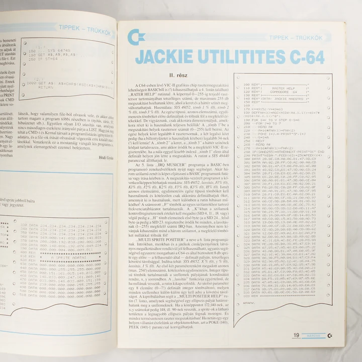 A C-újság belső oldala Commodore 64 programkódokkal és technikai leírással.