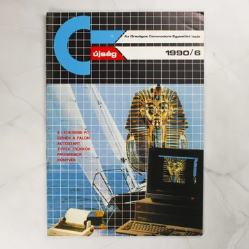 A C+ újság 1990/6-os számának színes borítója fáraómaszkkal és Amiga számítógéppel.