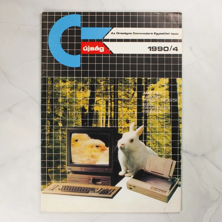 A C+újság 1990/4-es számának borítója Commodore PC-vel és állatokkal