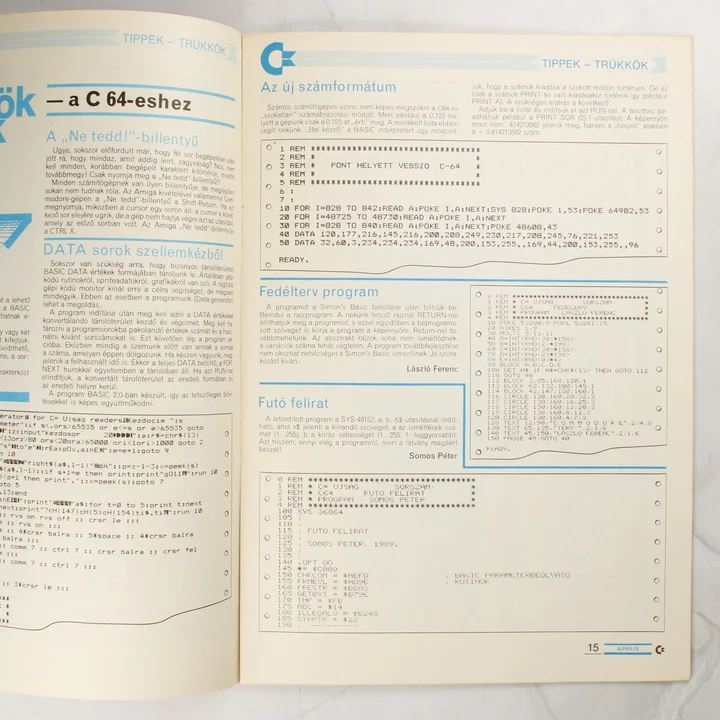 A C+újság belső oldala Commodore 64 programkódokkal