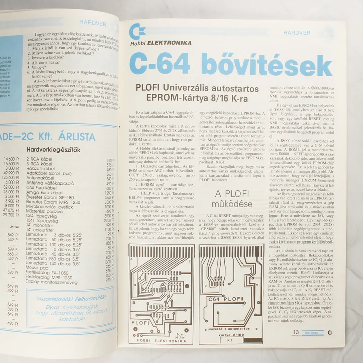 A C=újság belső oldala árlistával és a C-64 bővítéseiről szóló írással.