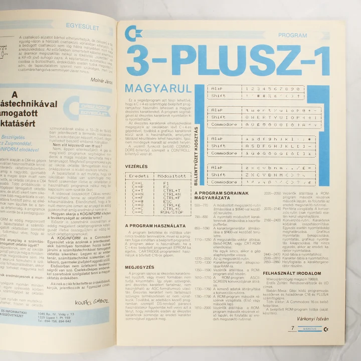 A C-újság egyik belső oldala technikai leírással és billentyűzetkiosztással.