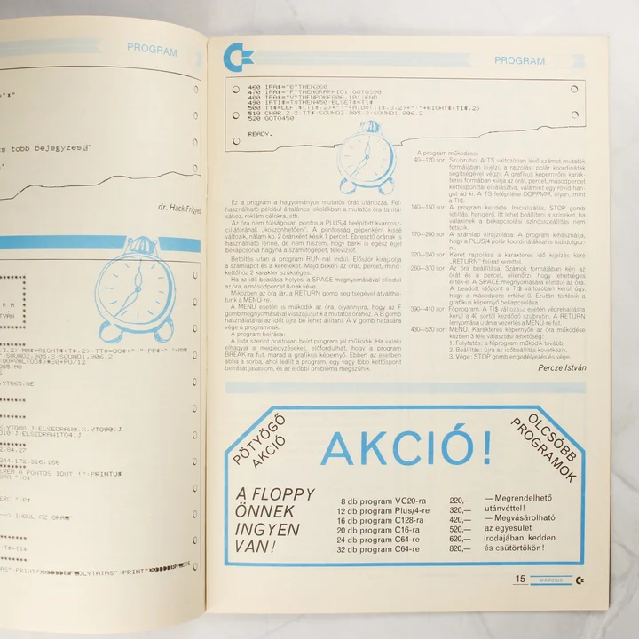 A folyóirat belső oldala programkóddal és egy akciós hirdetéssel.