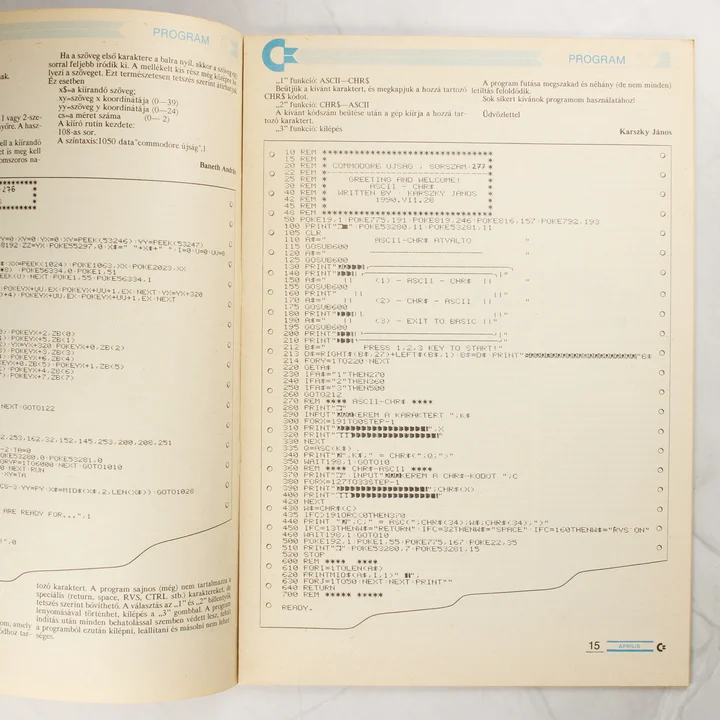 Programkód lista a Commodore Újság egyik oldalán