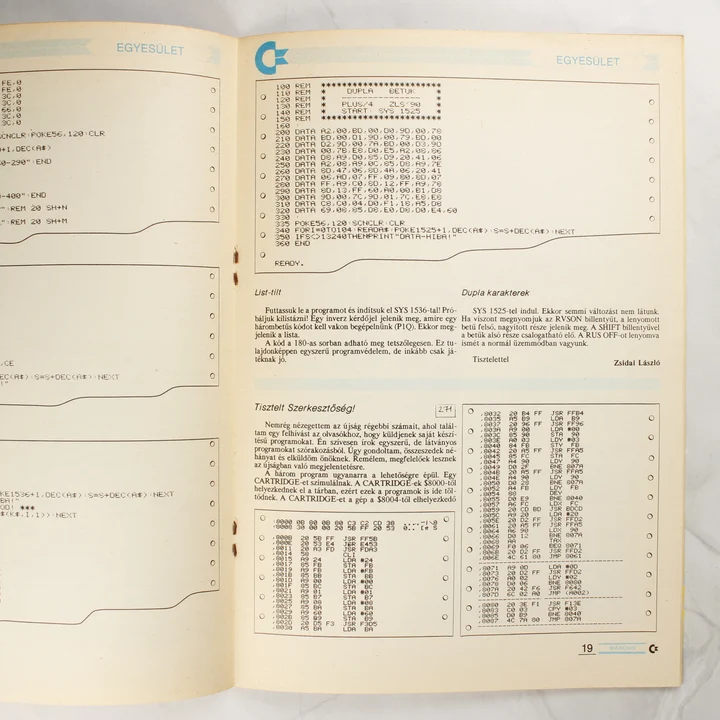 A C+újság belső oldala gépi kódú programlistákkal.