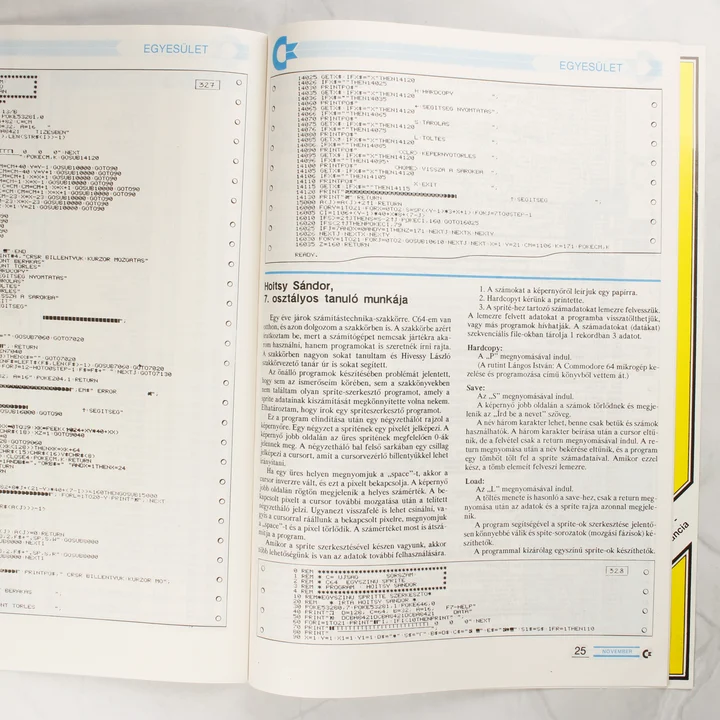 C-újság programkód oldal A C-újság 25. oldala egy sprite-szerkesztő program leírásával.