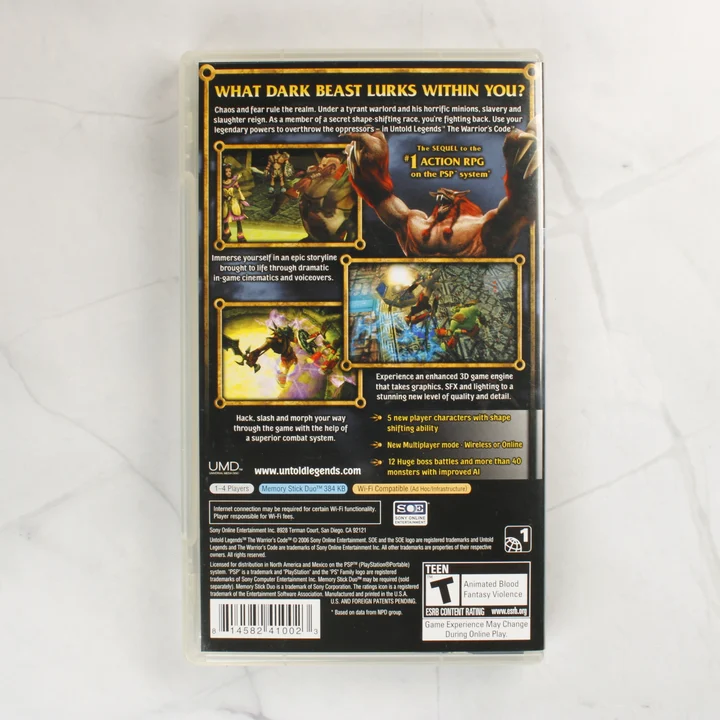 Untold Legends: The Warrior's Code PSP hátlap Az Untold Legends: The Warrior's Code PSP játék hátoldali borítója