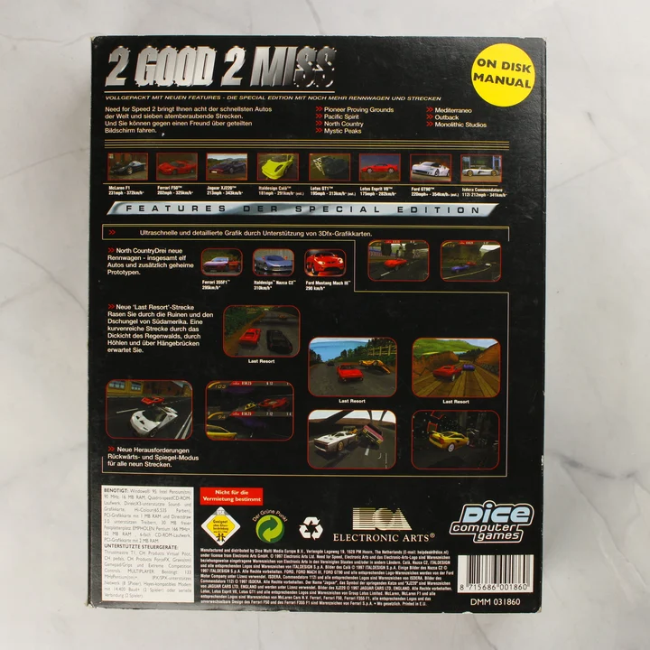 Need for Speed II Special Edition doboz hátlap Need for Speed II Special Edition PC játék dobozának hátoldala német feliratokkal