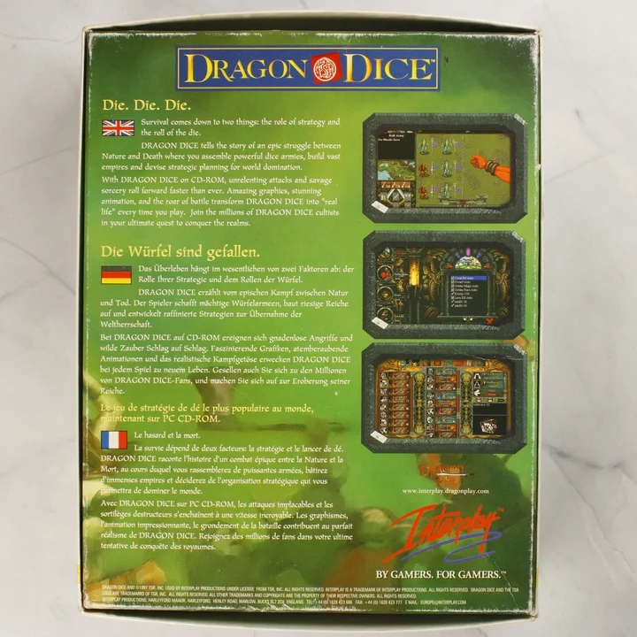 Dragon Dice doboz hátnézet Dragon Dice PC játék dobozának hátoldala többnyelvű leírással