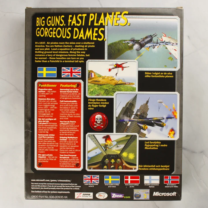 Crimson Skies PC játék dobozának hátoldala leírásokkal