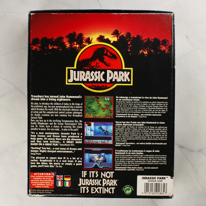 Jurassic Park Amiga 1200 hátoldal Jurassic Park Amiga 1200 videójáték dobozának hátoldala