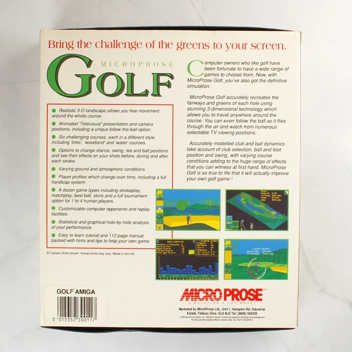 MicroProse Golf Amiga játék dobozának hátoldala