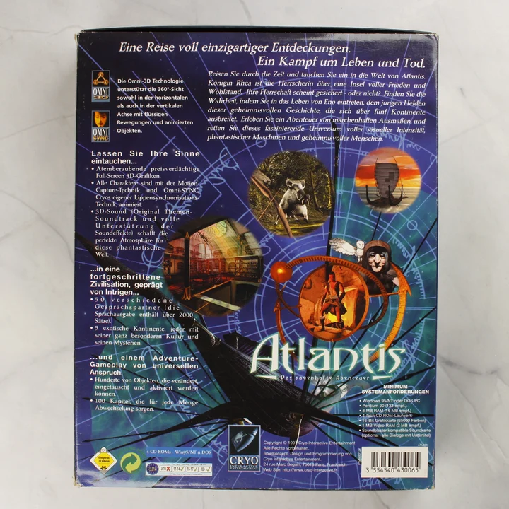 Atlantis PC játék doboz hátlap Az Atlantis videójáték dobozának hátoldala német nyelvű leírással
