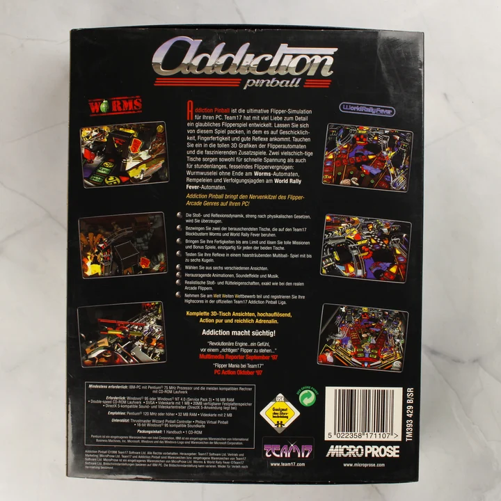 Addiction Pinball doboz hátnézet Addiction Pinball PC játék dobozának hátoldala német nyelvű leírással