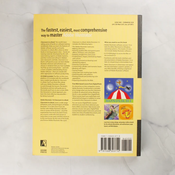 Az Adobe Illustrator 7.0 Classroom in a Book sárga hátlapja vonalkóddal