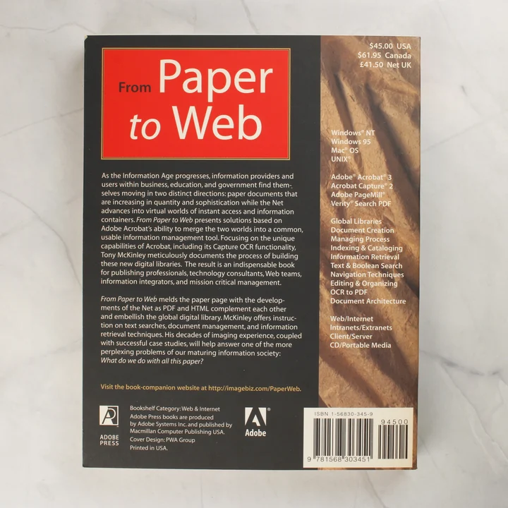 From Paper to Web hátlap A From Paper to Web könyv hátoldala a leírással és vonalkóddal