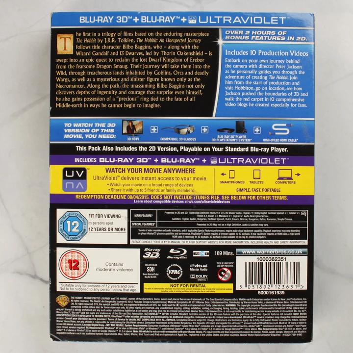 A Hobbit: Váratlan utazás 3D Blu-ray hátoldala technikai adatokkal