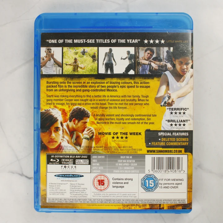 Sin Nombre Blu-ray hátsó borító Sin Nombre Blu-ray film hátsó borítója technikai adatokkal