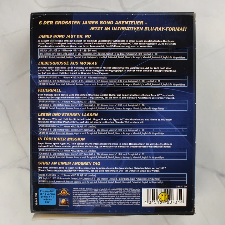 James Bond Blu-ray gyűjtemény hátoldala technikai adatokkal
