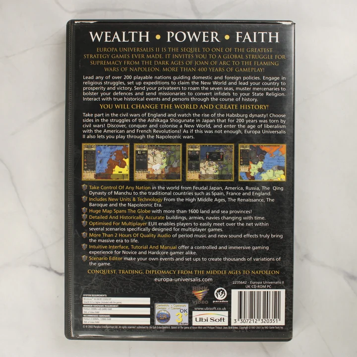 Europa Universalis II hátlap Europa Universalis II PC játék hátsó borítója